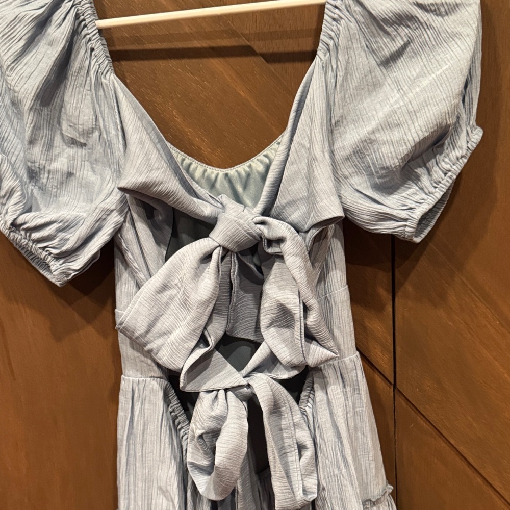Altar'd State Light Blue Puff Sleeve double back bow Mini Dress - Picture 3 of 5